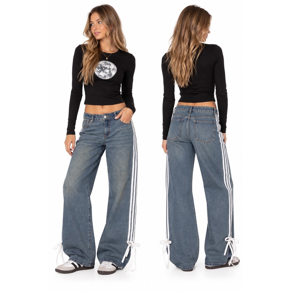 Edikted Washed Low Rise Ribbon Jeans Small Blue Wide Leg Side Stripe Y2K Denim